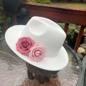 White Wool Blend Cowgirl Hat With Satin Pink Flower Trim One Size